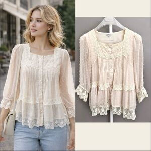Vintage Romantic Boho Cottagecore Lace Collar Cream White Button Down  Blouse